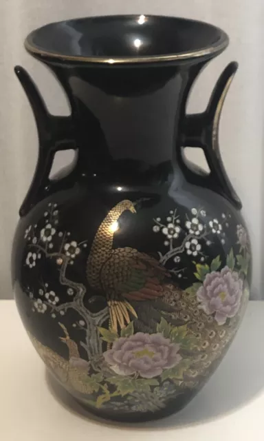 Kyoto IMPERIAL Peacock Japanese/Japan Porcelain Black Vase. Vintage