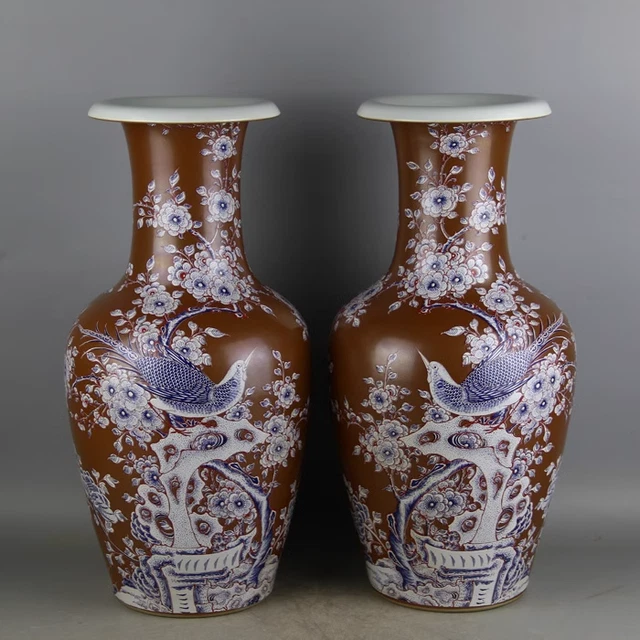 A Pair China Freehand Sketching Qing Famille Rose Porcelain Flowers Bird Vase