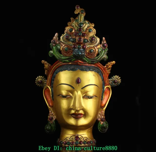 Tibet cuivre pur plaqué or incrusté gemme figure vert mère Bouddha