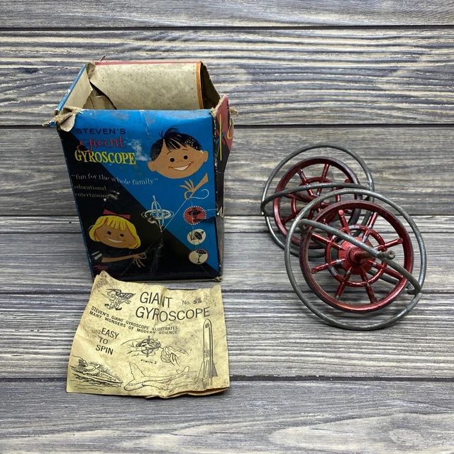 VINTAGE STEVENS 1963 Giant Gyroscope Spinning Top Toy Red Silver Metal
