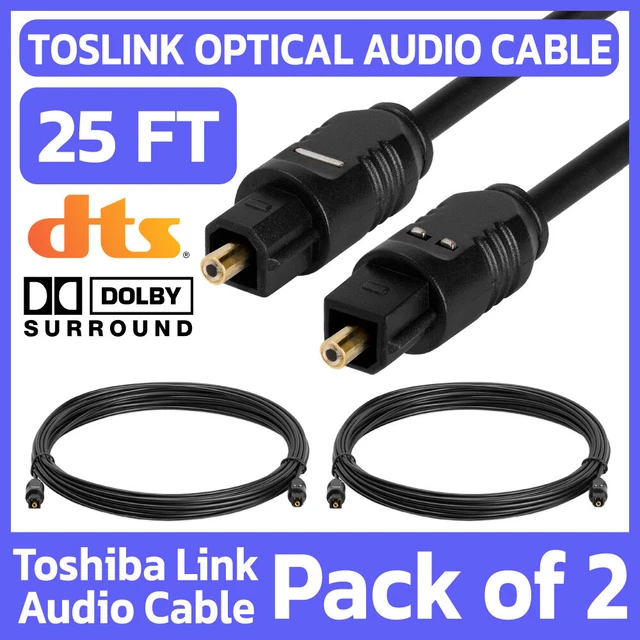 2 Pack TOSLink Cable 25 Feet SPDIF Fiber Optical Digital Audio Cord TV Sound Bar