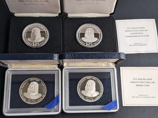 2 Sets Each of 1974 and 1975 Fiji Islands 25 Dollars Silver Proof Coins