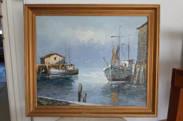Tableau huile sur toile peinture marine port mer bateau retour de pêche