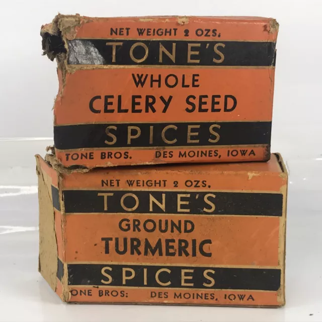 Tones Spices Box Lot Tumeric Celery Seed Vtg NOT TIN Tone Bros Des Moines