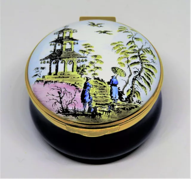 Crummles English Enamel Box - Asian Scene - Pagoda -People- Trees -Birds- Cranes