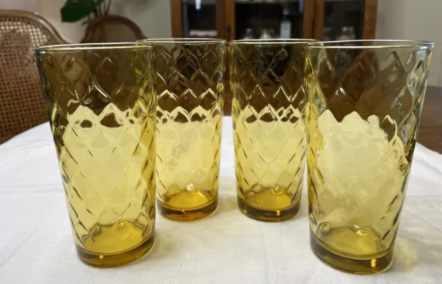 Set Of 4 Anchor Hocking Amber Optic Honeycomb 6.5” Heavy Tumbler Glass 20 Oz