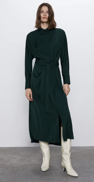 NWT ZARA SATIN effect dress with bow Dark Green 2181/743 XS Fits S $59.00 -  PicClick