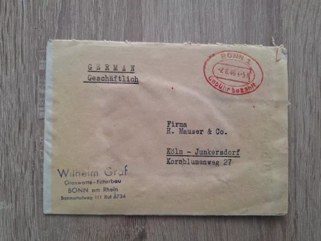 Brief Ovalstempel Gebühr bezahlt Wilhelm Graf Glaswatte Bonn 1946