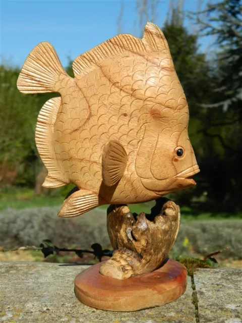 Wooden Fish Carving - Hand Carved Tropical Fish On Parasite Wood - Design C