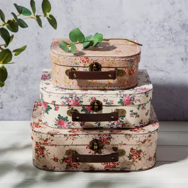 Sass & Belle Set 3 Vintage Rose Suitcases Cases Feminine Floral Pink Storage
