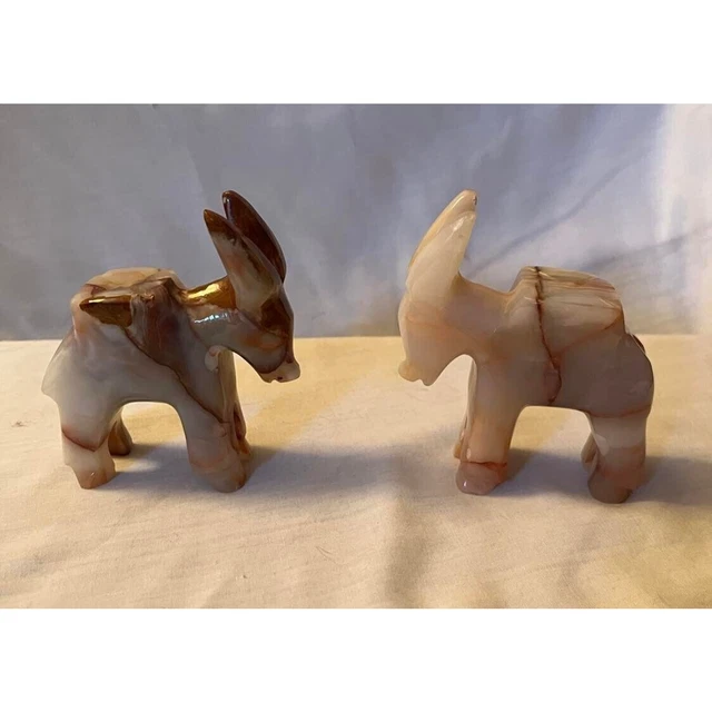 PAIR Carved White Onyx Alabaster Stone Marble Donkey Mule Burrow Figure Figurine