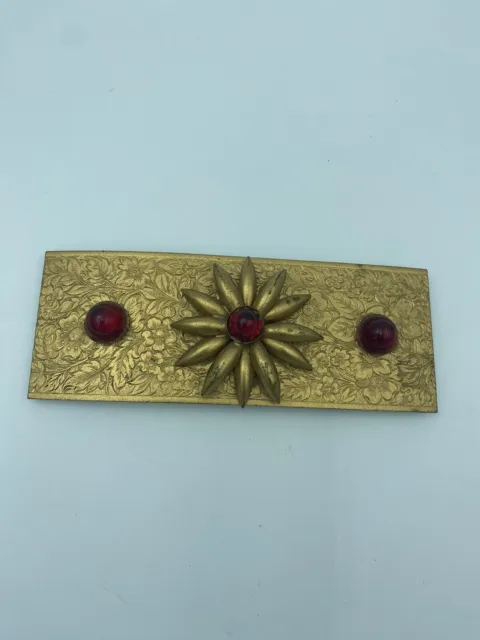 Ruby Cabochon Faux Stone Gold Tone Engraved Ornate Belt Buckle - 5” X 2”