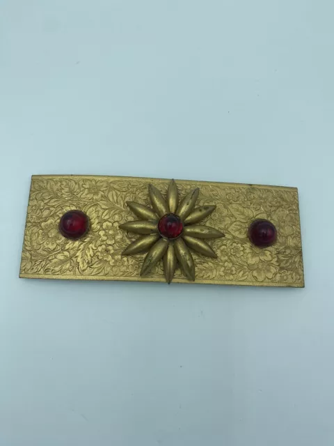 Ruby Cabochon Faux Stone Gold Tone Engraved Ornate Belt Buckle - 5” X 2”