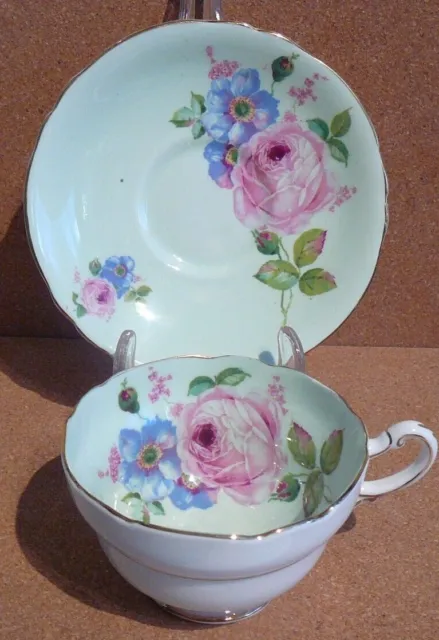 Paragon Pink Cabbage Rose on Pale Green Teacup & Saucer Double Warrant