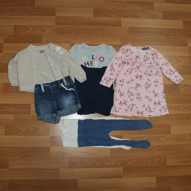 Bellissimo pacchetto vestiti per bambina 7 articoli abito, pantaloncini, top, cardigan 12-18 mesi