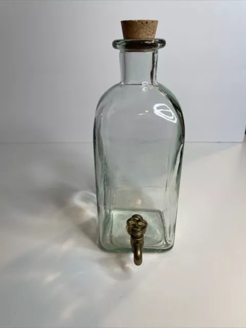 Vintage Square green glass bottle with brass faucet and cork top, made in Spain
