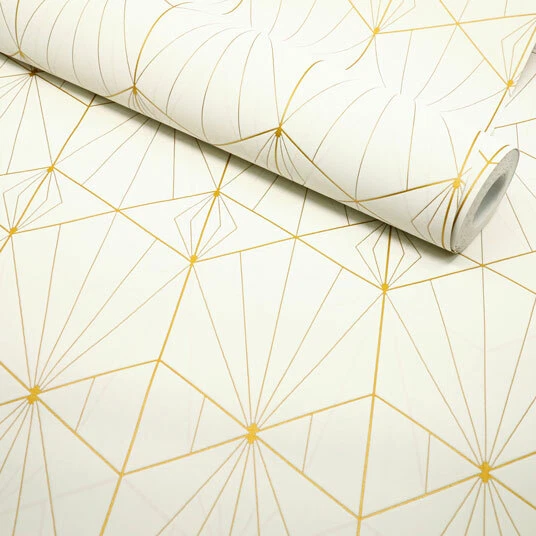 Papier peint vinyle sur intissé Art déco Crème motif géométrique or