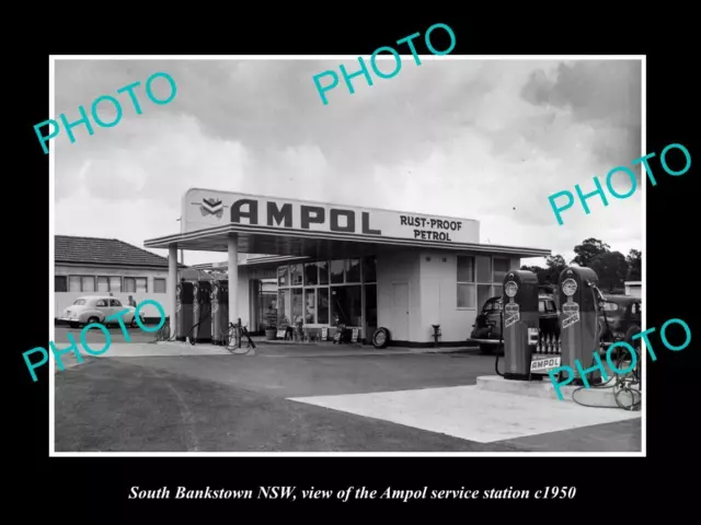 OLD LARGE HISTORIC PHOTO OF BANKSTOWN NSW AMPOL OIL Co SERVICE STATION c1950