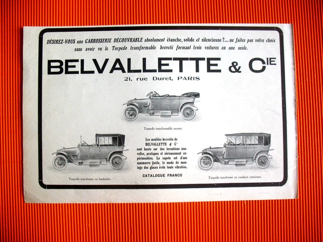 PUBLICITE DE PRESSE BELVALETTE & Cie TORPEDO CARROSSIER AUTOMOBILE AD 1914