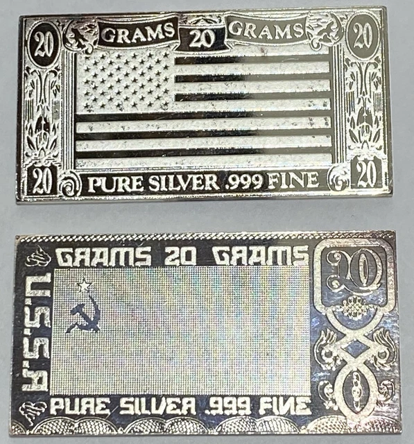 THE SILVER MINT- TWO 20 Gram .999 Fine Silver Bars - USA & USSR