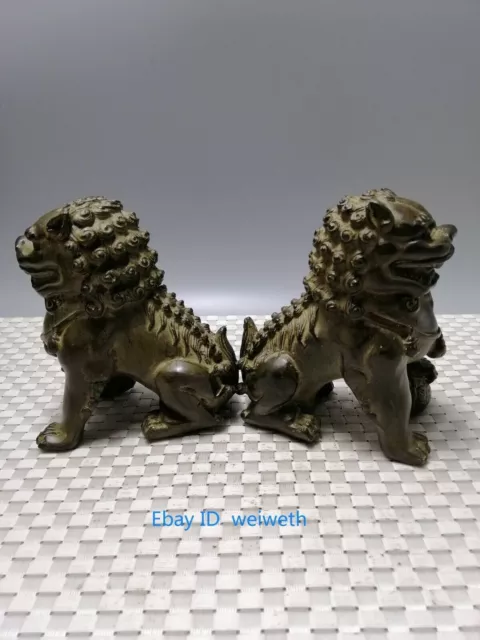 A Pair Old Antiques Chinese Bronze Fu Foo Dog Guardian Lion Statues 3