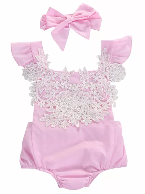 Infant Baby Girl Ruffled Cap Sleeve Floral Lace Romper and Headband