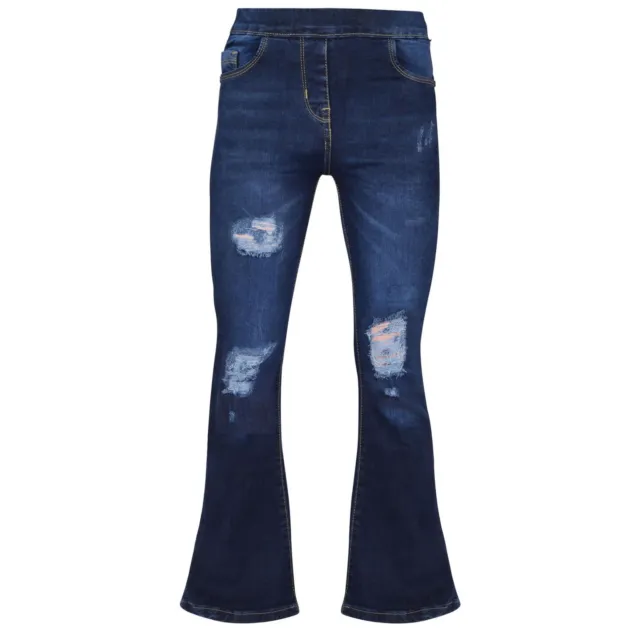 Kids Girls Denim Jeans Comfort Stretchy Flared Bell Bottom Dark Blue Ripped Pant
