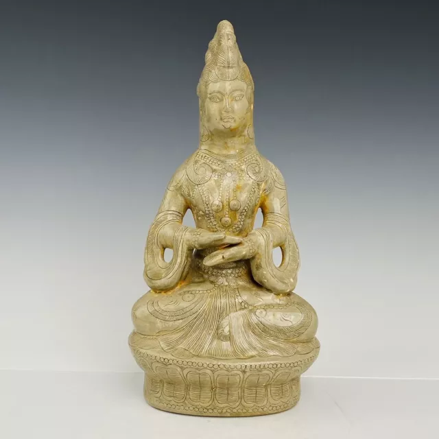 14.9" Chinese Porcelain Song dynasty yue kiln cyan glaze guanyin Buddha statue