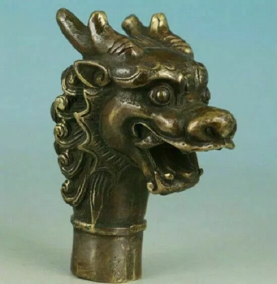 Asian Chinese Old Bronze Handwork Carved Dragon Statue Walking Stick Head