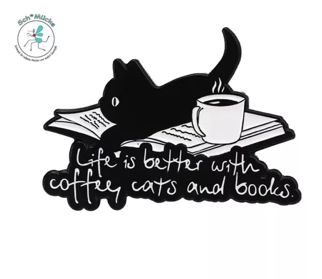 Anstecker Katze Kaffee Bücher Katzen Glück Amulett Glücksbringer Geschenkidee