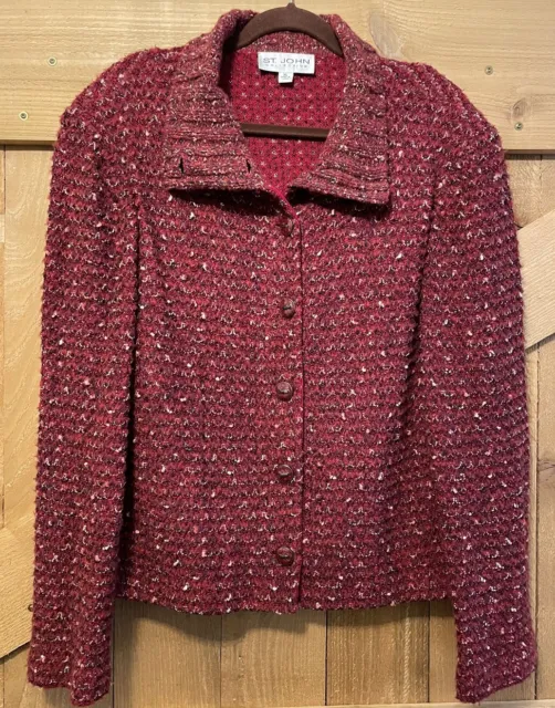 Womens St. John Collection Boucle Tweed Red Blazer Jacket Size XL Shoulder Pads