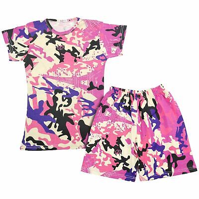 Bambine Corto 100% Cotone Mimetica Baby Rosa Estate T Shirt Shorts Set 5-13