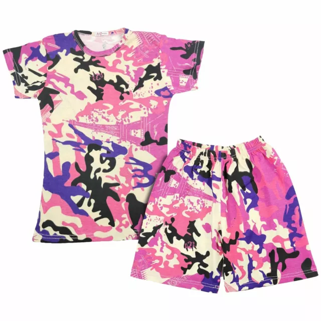 Kids Girls Short 100% Cotton Camouflage Baby Pink Summer T Shirt Shorts Set 5-13