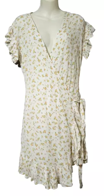 BILLABONG Ivory Floral Wrap & Roll Dress Size M Ruffled Cap Sleeve Short NWT