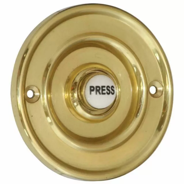 Wired Flush Fitting Doorbell Push Button, 76mm (3") dia., Brass with PRESS