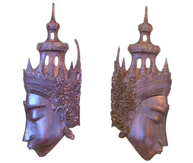 2 Vintage Carved Wood Thai Deity/Goddess Faces Sculptures, Thepenom Wall Hanging