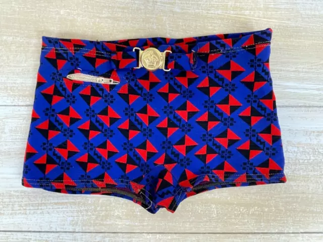 VTG 60s Boys 6 Swim Shorts Red & Blue Nylon Stretch Bathing Suit Zip Pocket