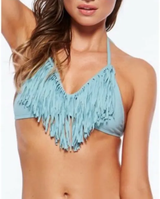 L Space Audrey Fringe Bikini Top in Blue Rain Size Medium