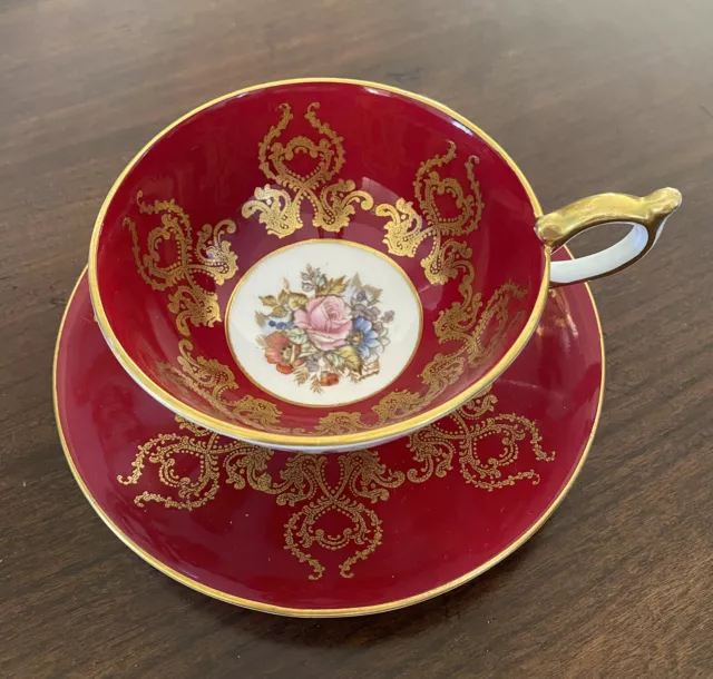 Aynsley Red Teacup and Saucer Pink Cabbage Rose Gold Ornate Design SIGNED