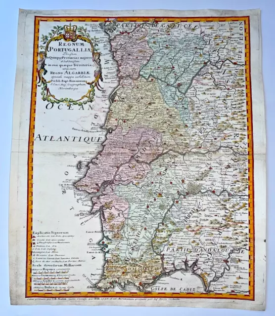 Portugal 1736 Jb Homann/ Jb Nolin Large Nice Antique Map 18Th Century