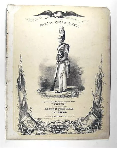 Original 1840 Military Sheet Music HALLS QUICK STEP  T Bricher Thayer Lithograph