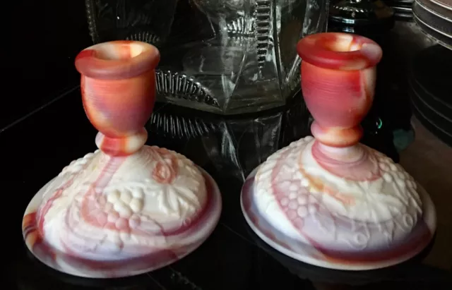 Pair Vintage Imperial Glass Candle Holders  Ruby Slag Glass Christmas Decor