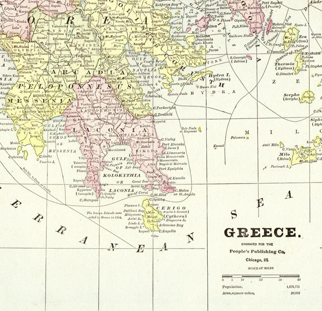 1891  Antique MAP of GREECE George Cram Atlas Greek Islands Map Wall Art  8848