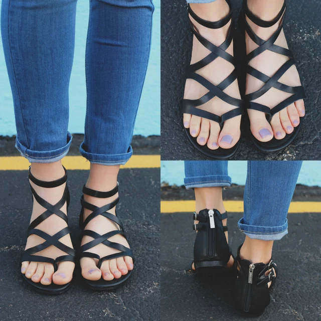 New Women's Thong Open Toe Criss Cross Strappy Ankle Strap Gladiator Flat Sandal