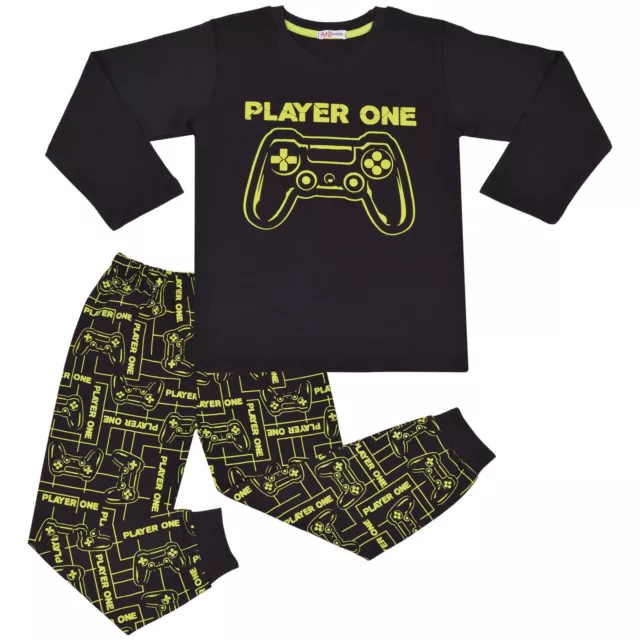 Enfants Filles Garçons Pyjamas Player One Contraste Haut Fond Noir PJS Nuit Set