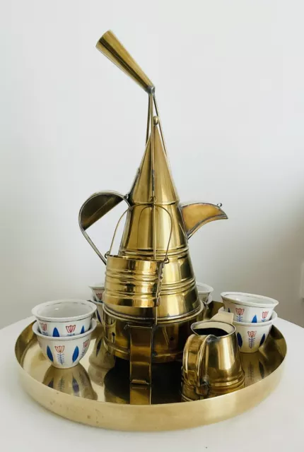 Vintage Brass Zanzibar Coffeepot with Tray & 8 Porcelain Cups 1980 Complete Set