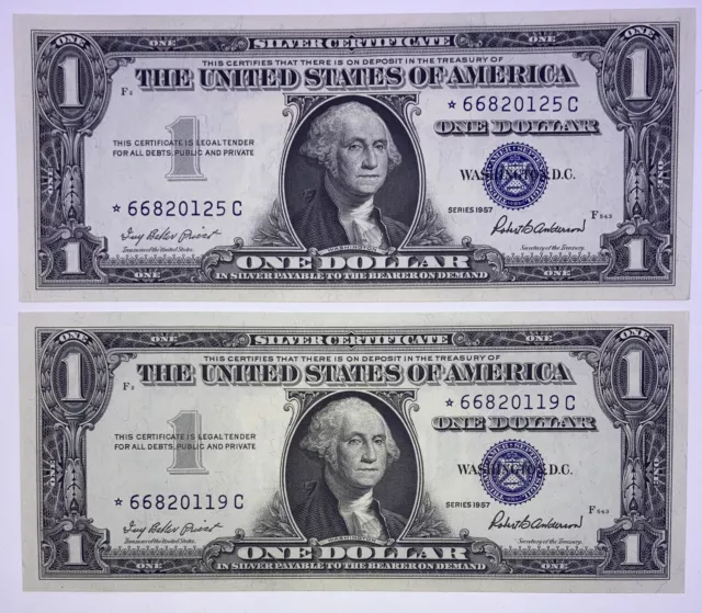 1957 Stars ($1)One Dollar  Silver Certificates Consecutive Set Of Two Star Notes
