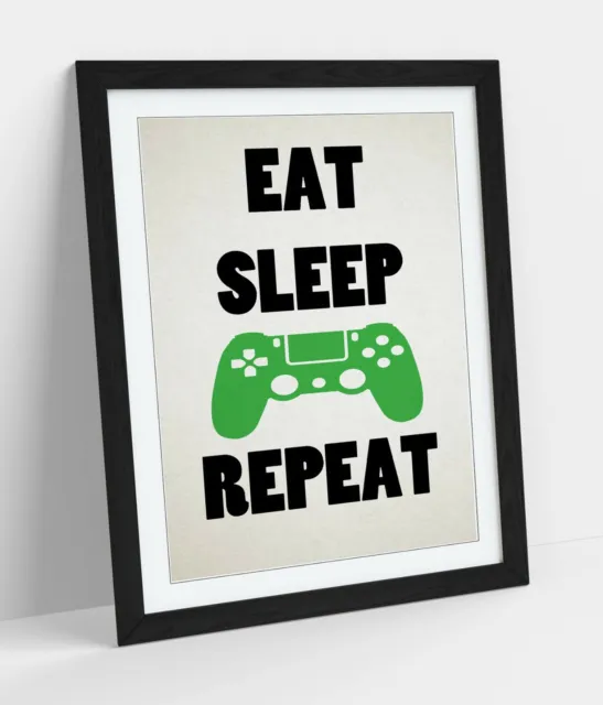 "Eat Sleep Game Repeat" Funny Gamer Quote Kids -Framed Wall Art Picture Print
