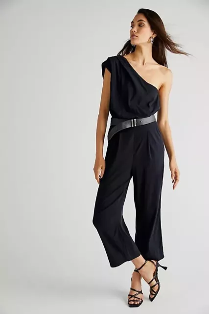 Free People Avery Jumpsuit One Shoulder Wide Leg Pocket Zip Black New Small S 6