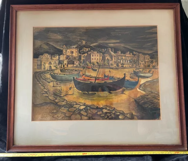 Original mixed media painting Catalonian Fishing Boats by Evadne Rowan